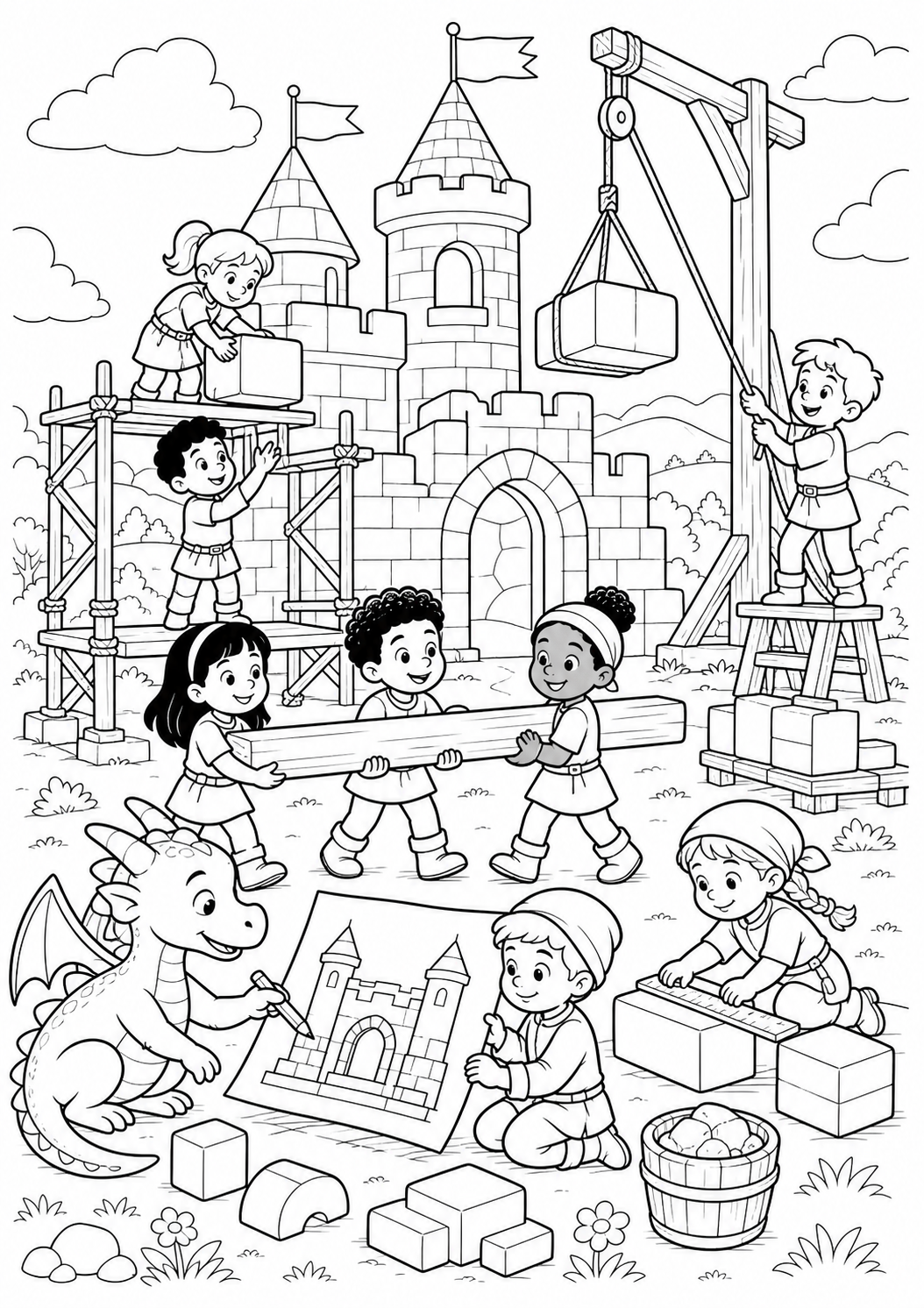 Bâtisseurs du château: Coloriage — Facile — aperçu de la ressource imprimable