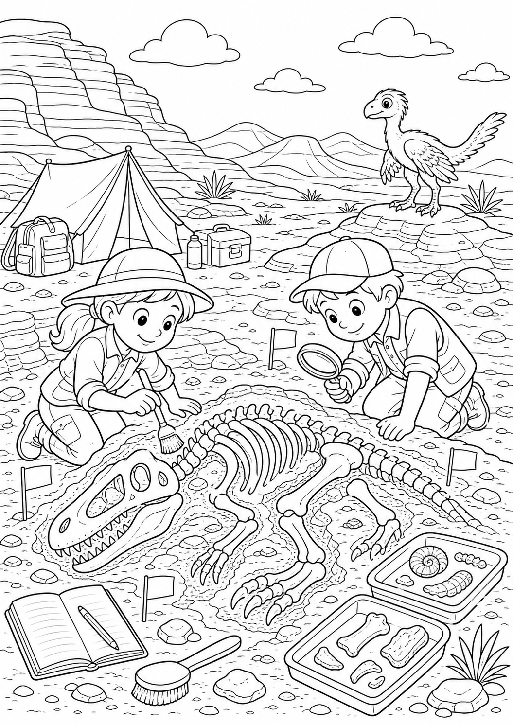 Fouille de dinosaures: Coloriage — Facile — aperçu de la ressource imprimable